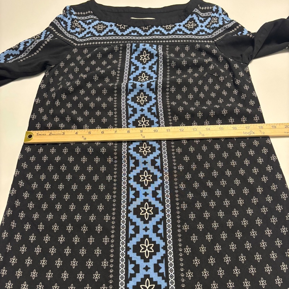 Loft Womens Medium Blue Black Geometric Floral 3/4 Bell Sleeve Boho Shift Dress - Picture 9 of 11